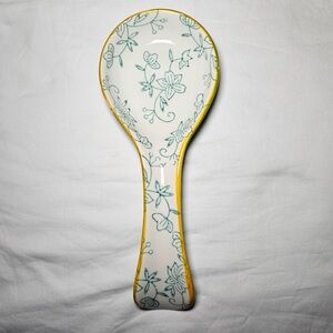 Temp-Tations Teal, White, and Yellow Ceramic Spoon Rest Floral Lace